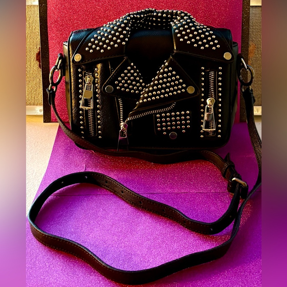 Motorcycle Jacket Inspired Studded Black Leather Crossbody or Clutch Bag NWWT - Picture 4 of 16